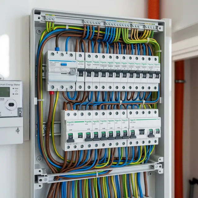Geopende meterkast met aardlekschakelaars, installatieautomaten en netjes weggewerkte bedrading, aangelegd volgens NEN 1010